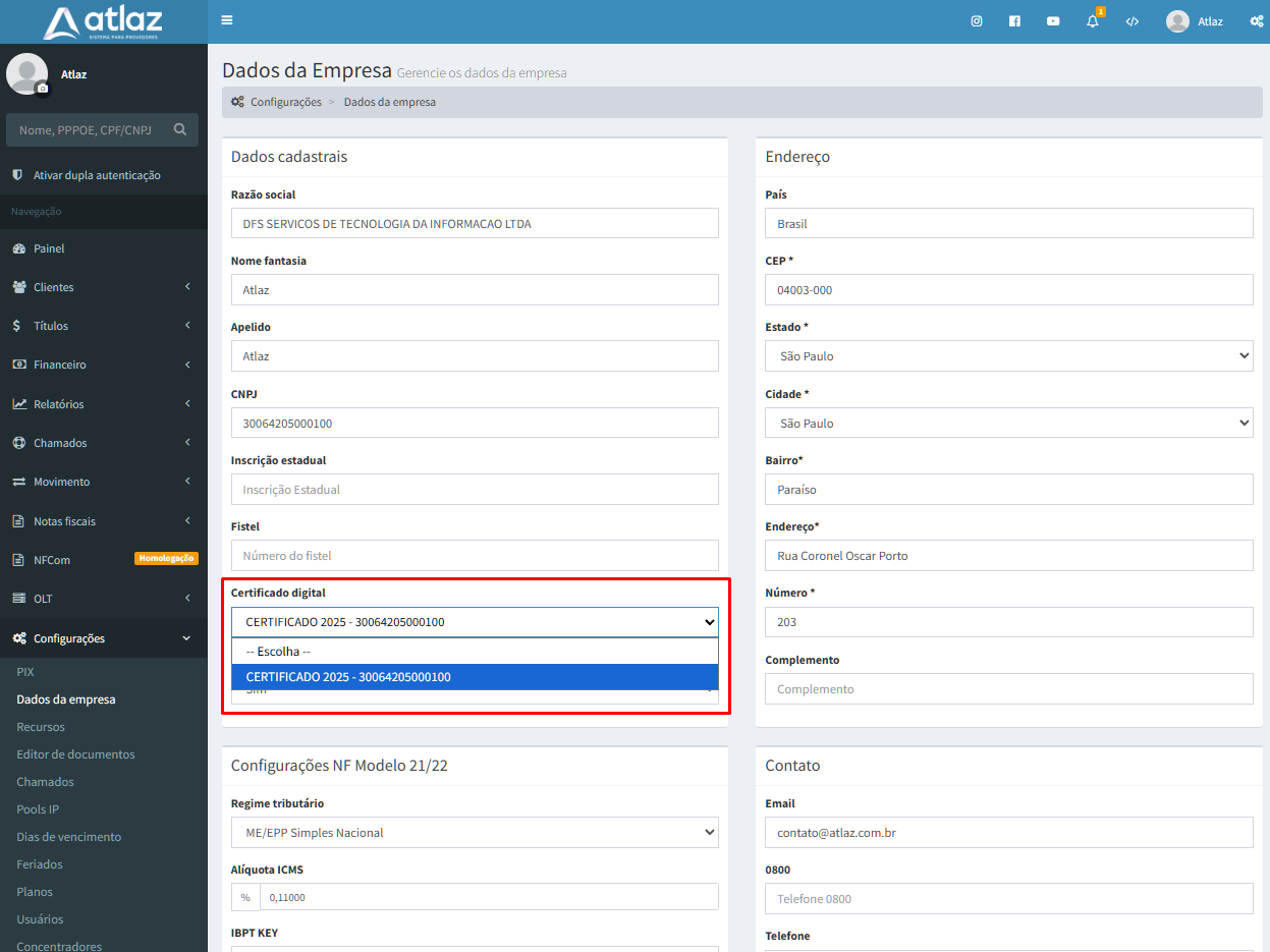 Dados empresa certificado