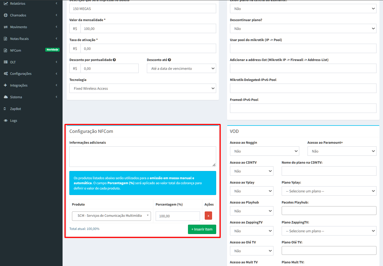 Config NFCom no plano