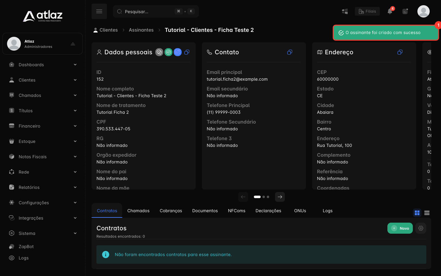 Ficha do assinante recém-criado, com a mensagem de sucesso e a aba Contratos vazia
