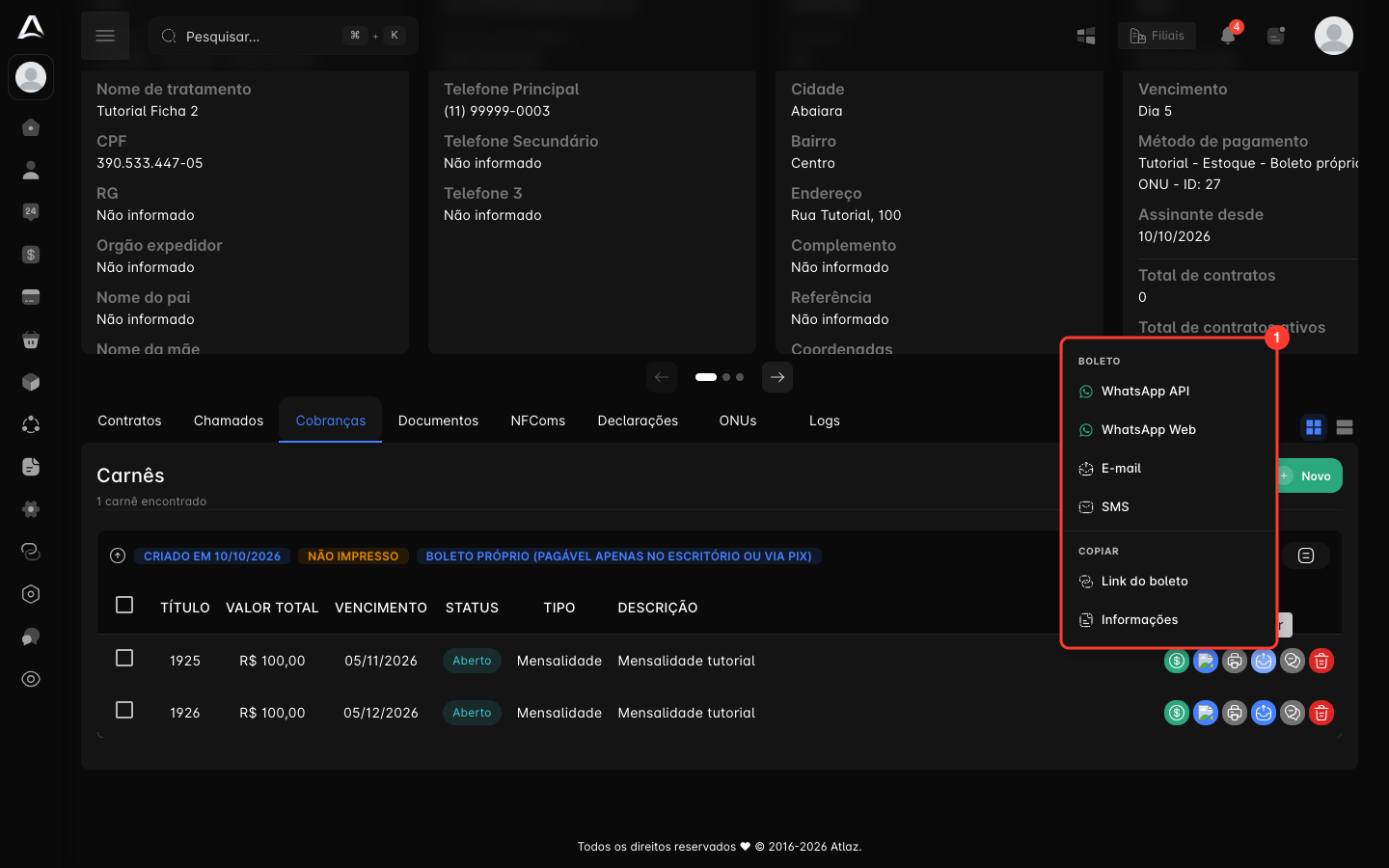 Menu Enviar de uma parcela em aberto, com as opções de Boleto e de Copiar