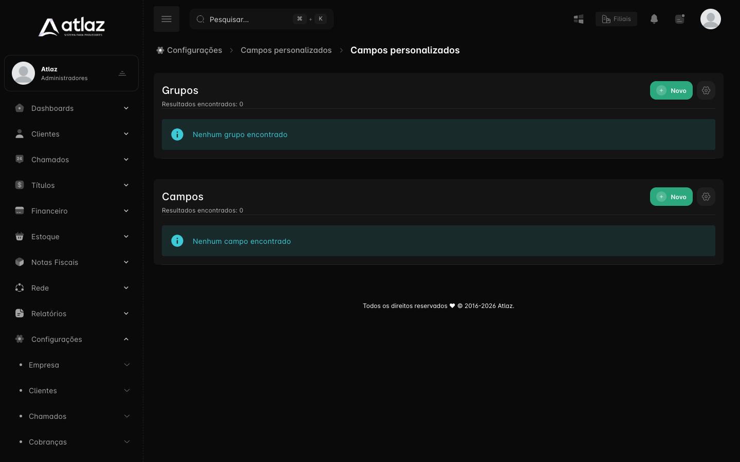 Tela Campos personalizados com as listas de grupos e de campos