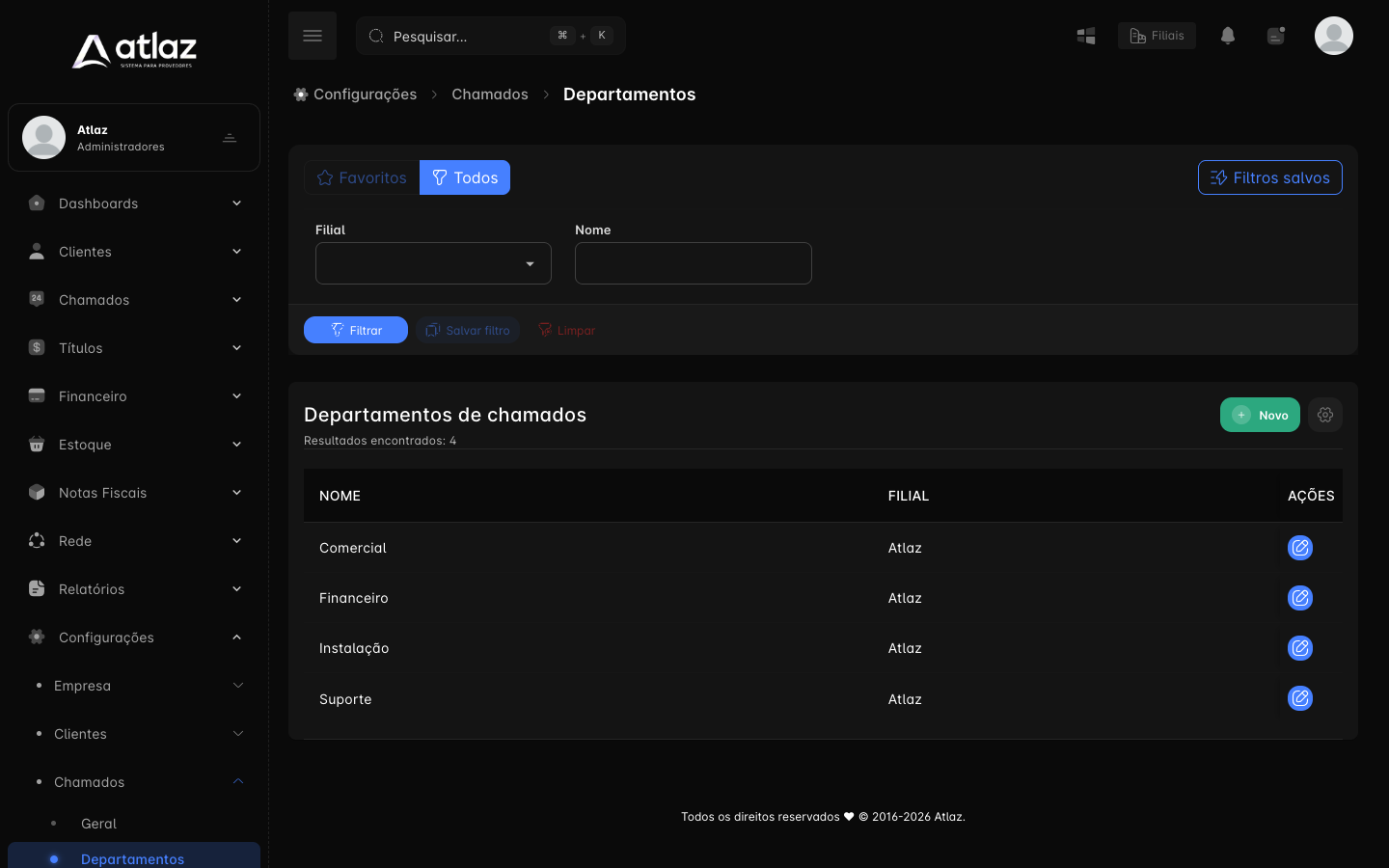 Tela Departamentos de chamados com a lista e o botão Novo