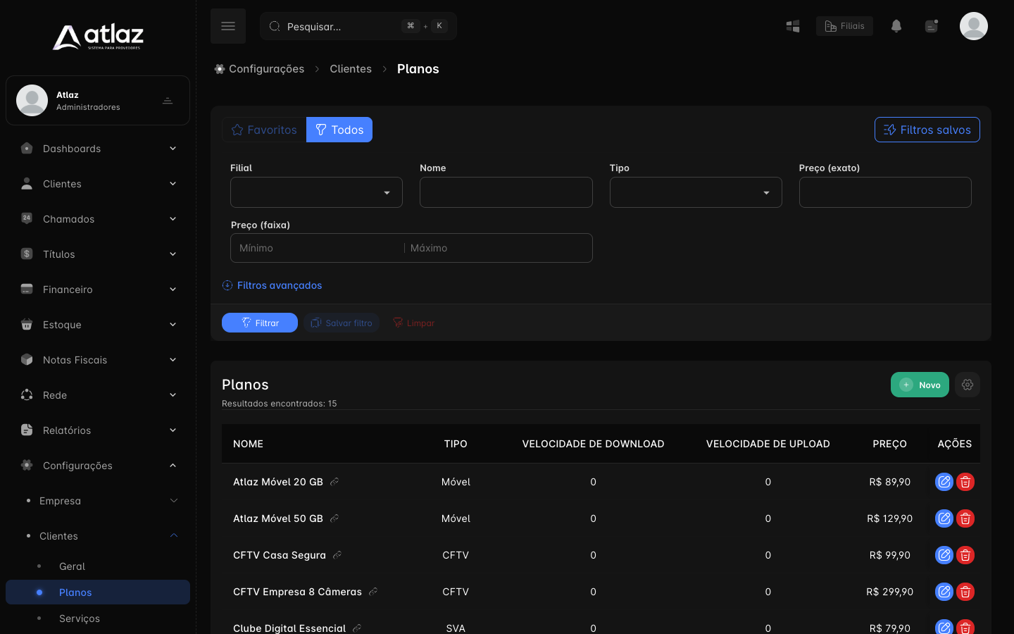 Tela Planos com os filtros, a lista de planos e o botão Novo