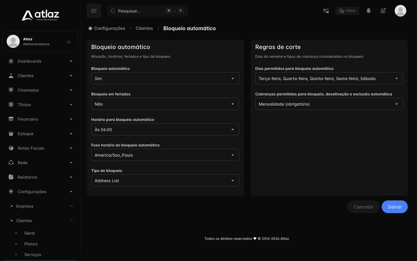 Tela Bloqueio automático com as seções Bloqueio automático e Regras de corte