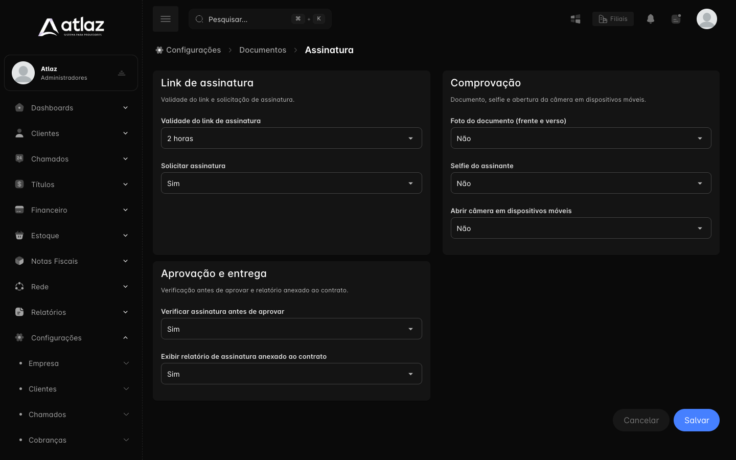 Tela Assinatura com o link de assinatura, a comprovação e a aprovação