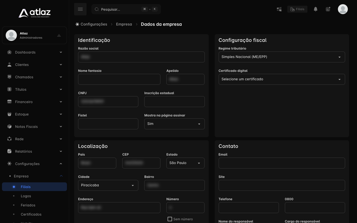 Tela Configurações, Empresa, Dados da empresa, com as seções Identificação, Configuração fiscal, Localização e Contato (dados ocultados)