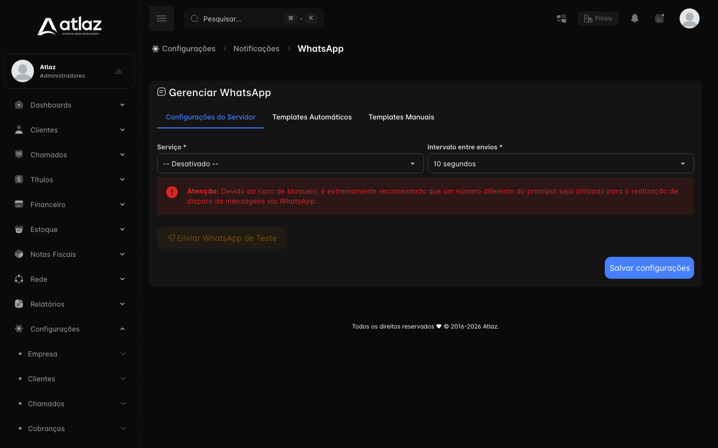 Tela Gerenciar WhatsApp, aba Configurações do Servidor