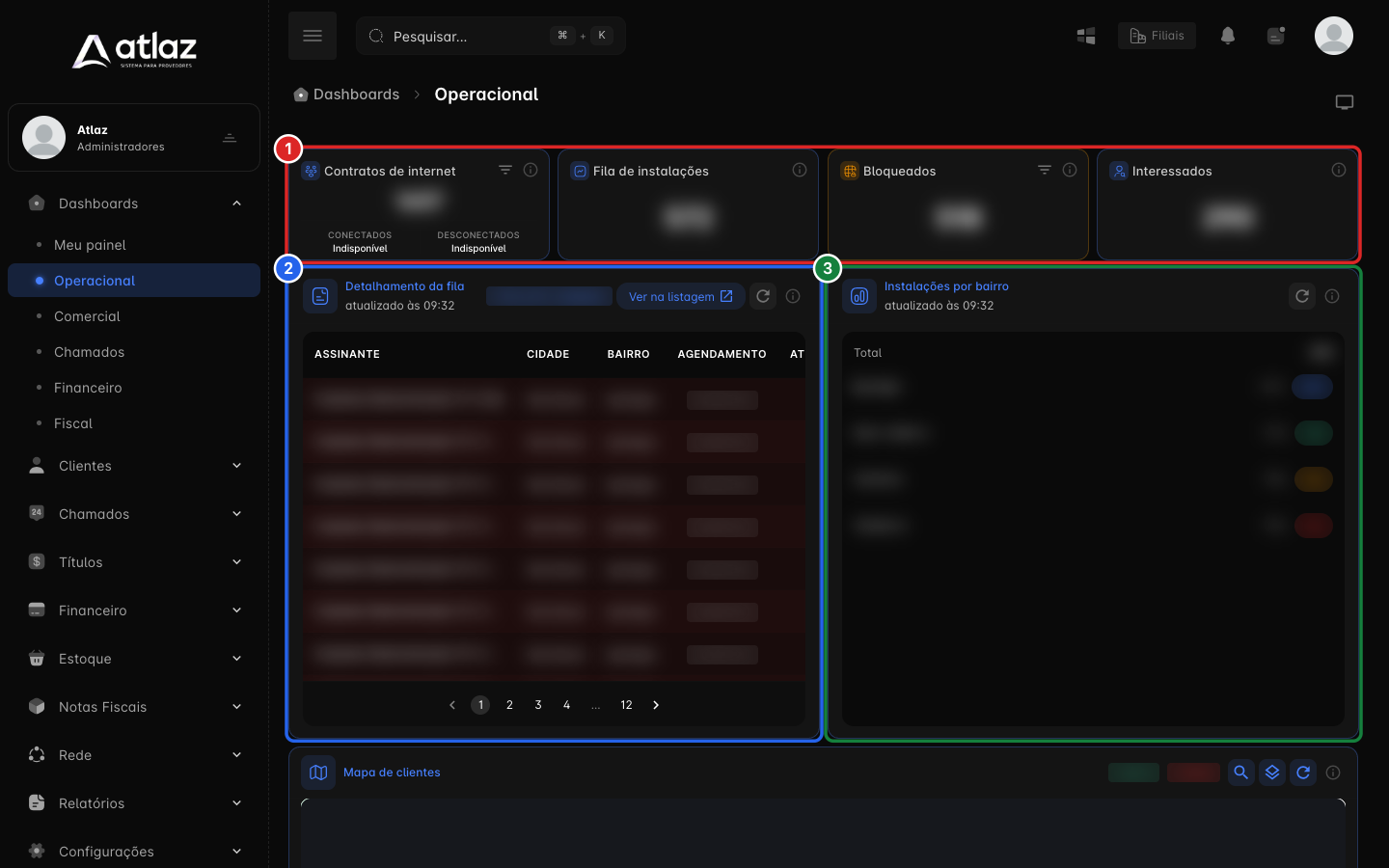 Dashboard Operacional com os indicadores, o detalhamento da fila e as instalações por bairro