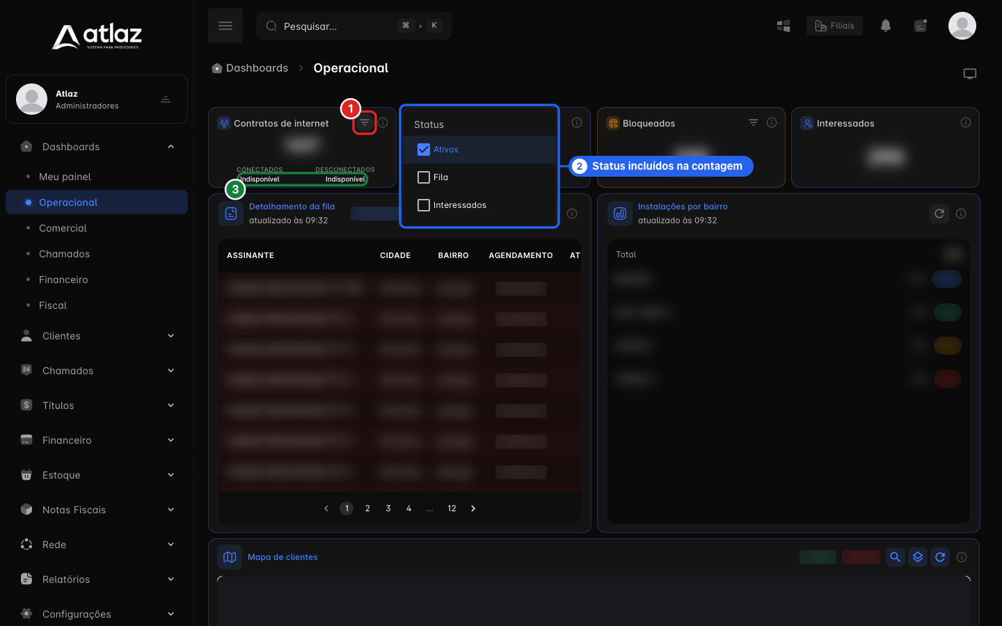 Filtro de status do widget Contratos de internet e o aviso Indisponível