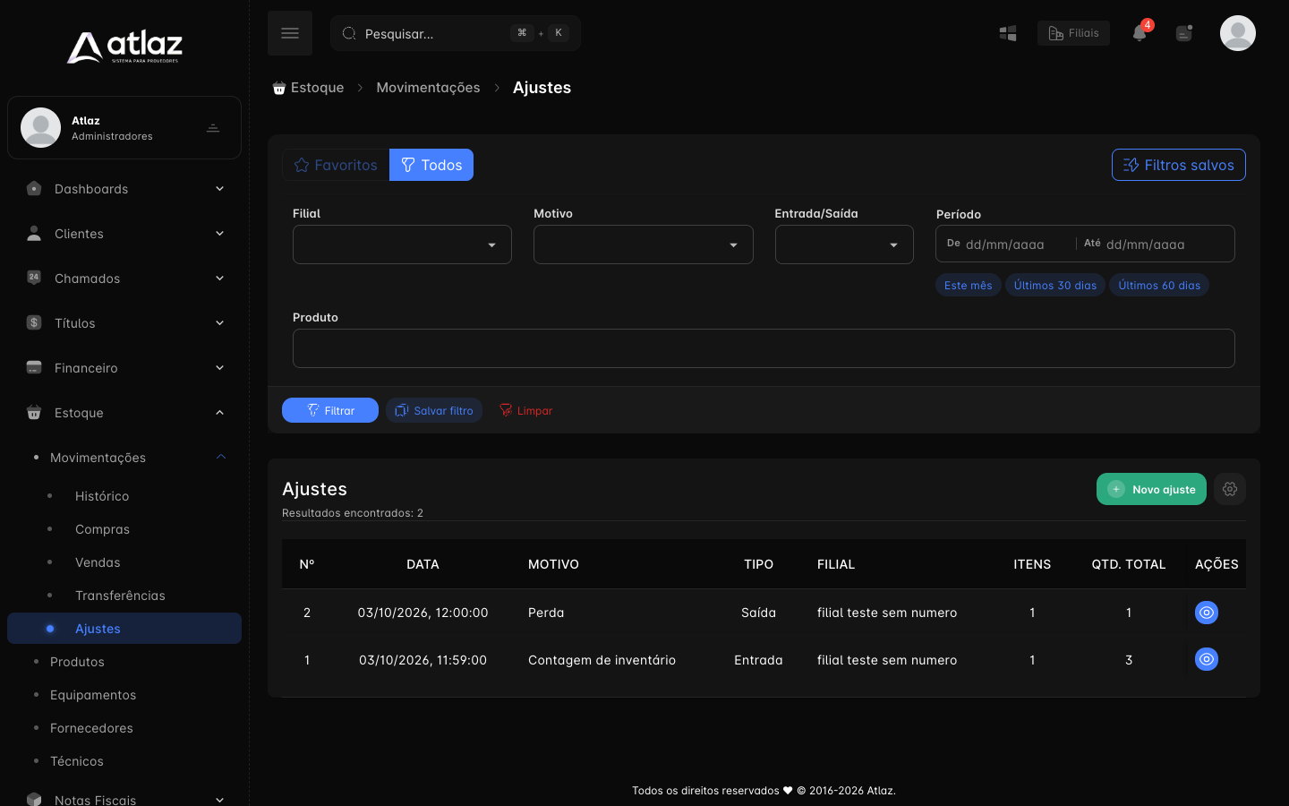 Lista de ajustes com filtros e os ajustes registrados