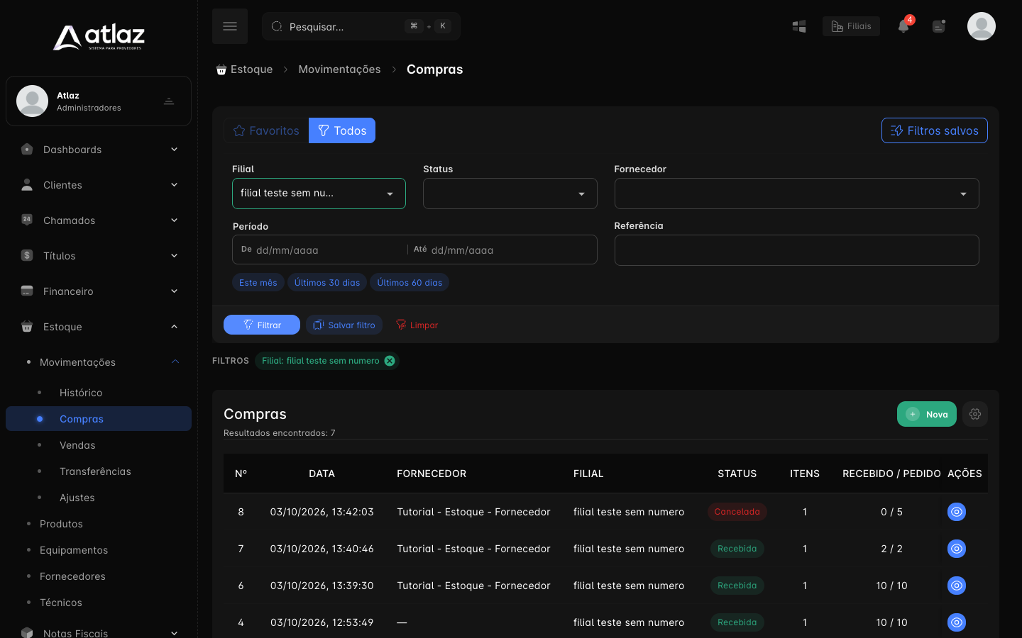 Lista de compras com filtros e status de cada compra