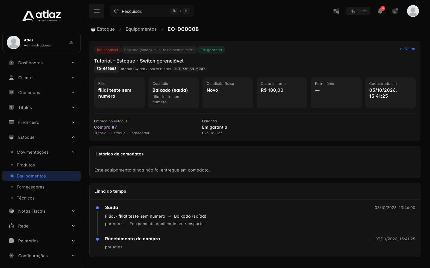 Ficha de um equipamento baixado, com garantia e a linha do tempo da saída