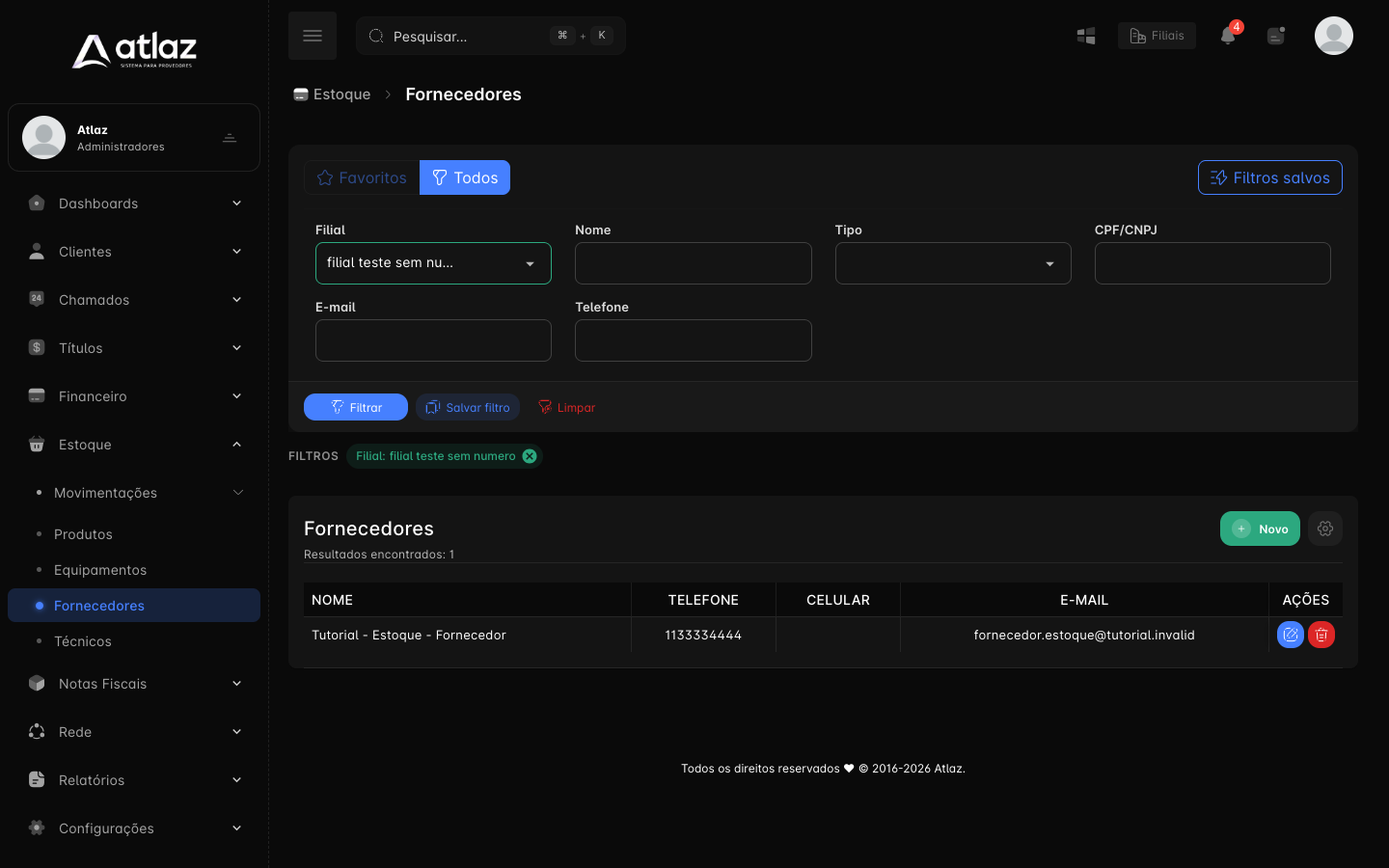 Lista de fornecedores com filtros e as ações de cada linha