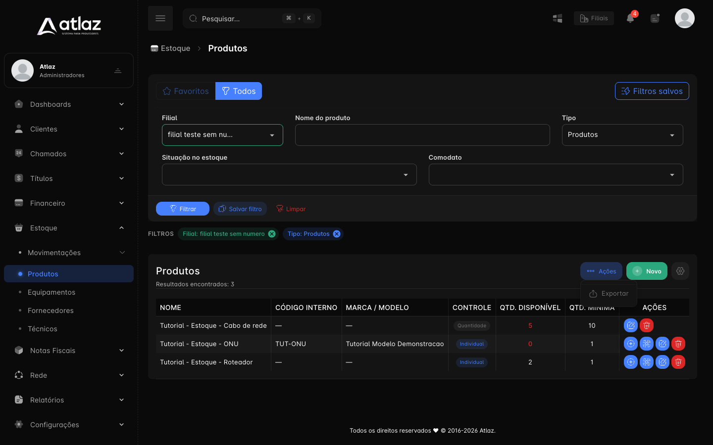 Menu Ações com a opção Exportar