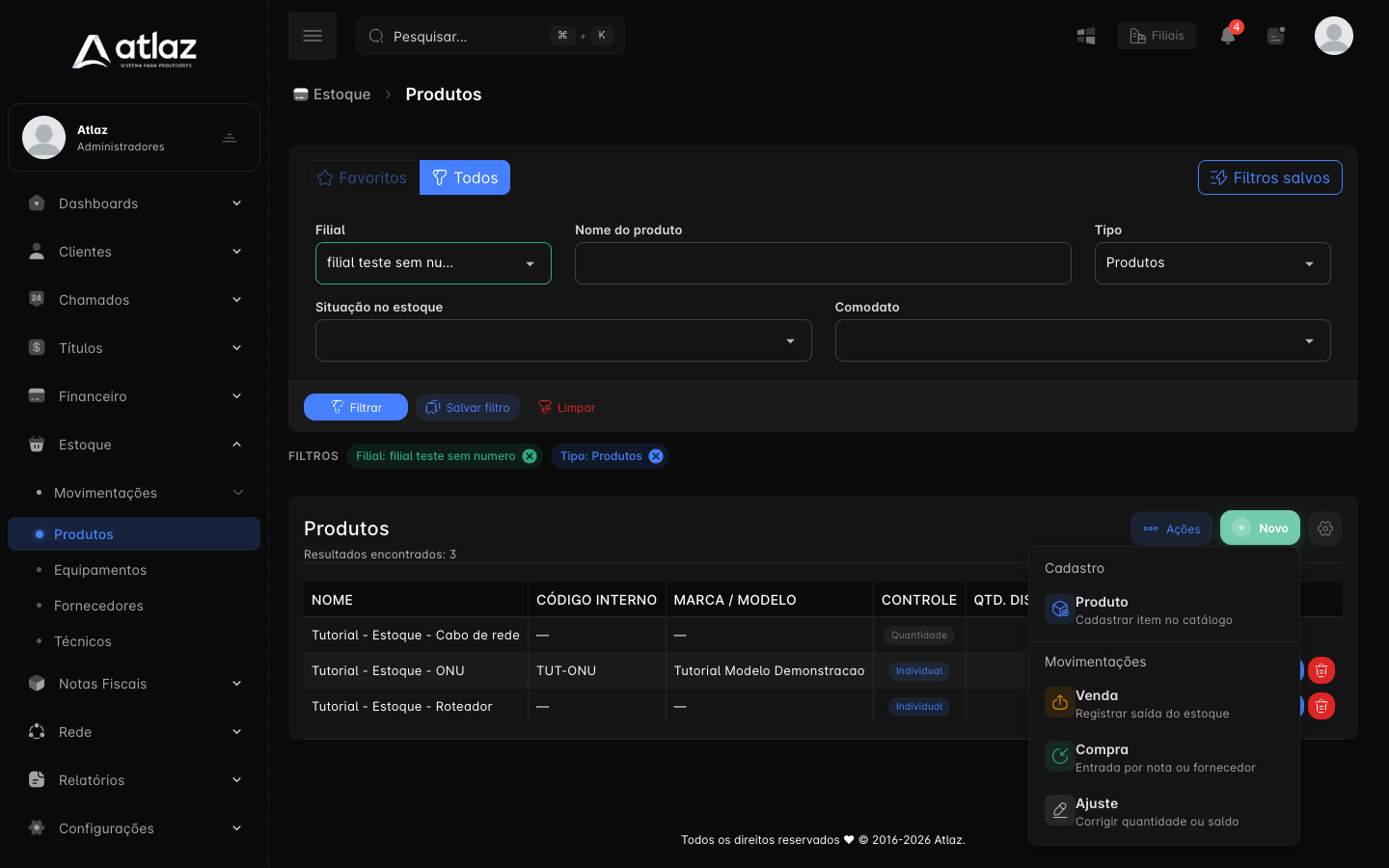 Menu Novo com as opções Produto, Venda, Compra e Ajuste