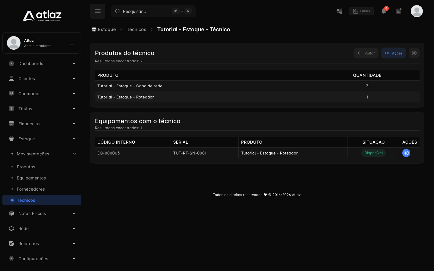 Estoque de um técnico com os produtos por quantidade e os equipamentos