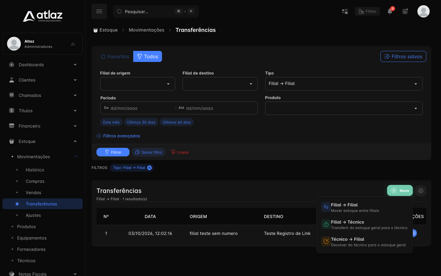 Menu Nova com Filial → Filial, Filial → Técnico e Técnico → Filial