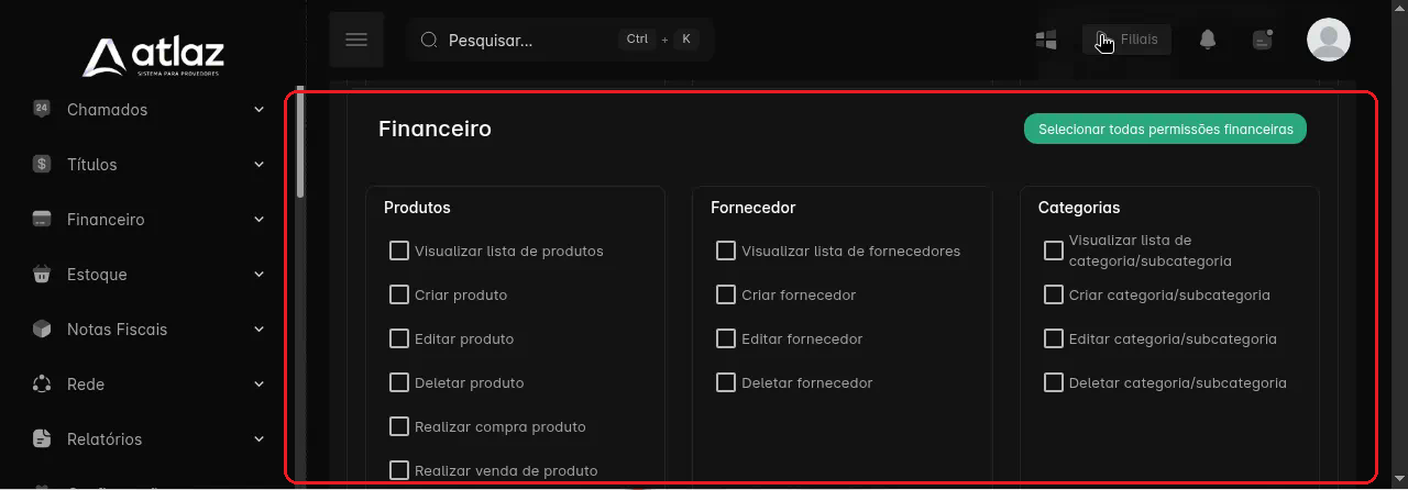 Permissões da seção Financeiro