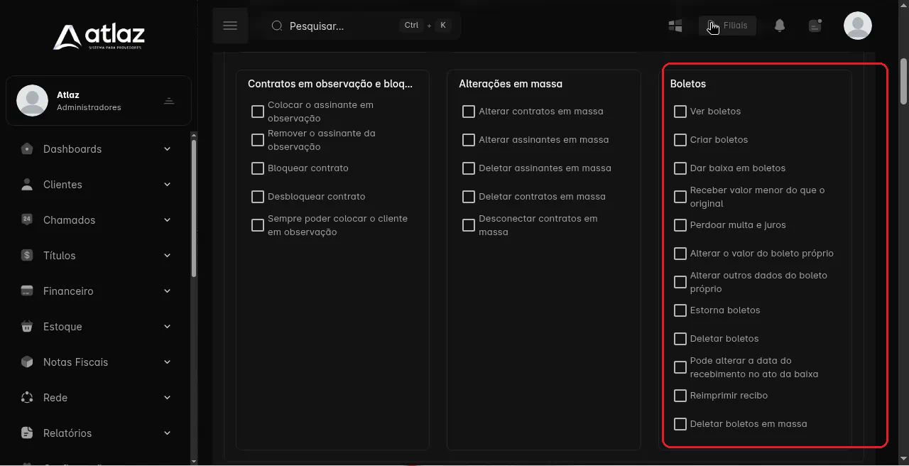 Permissões de Boletos