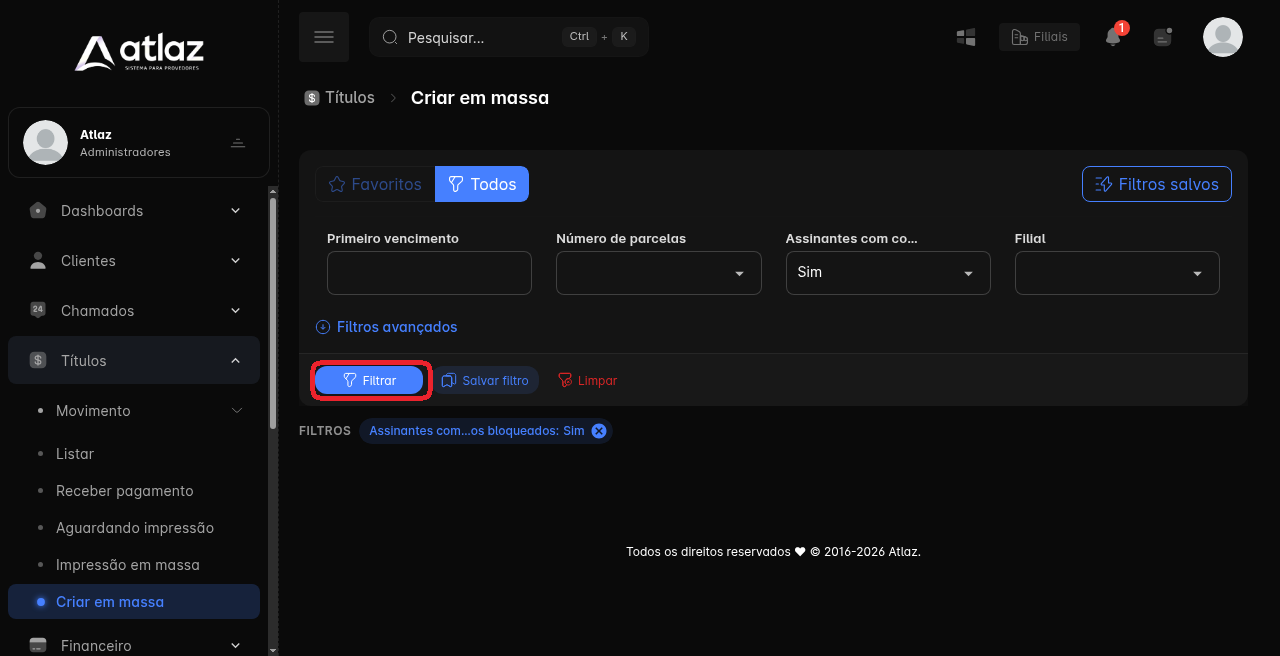 Tela Criar em massa, com o botão Filtrar