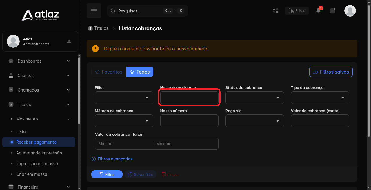 Tela Receber pagamento, com o aviso para informar o nome do assinante ou o nosso número