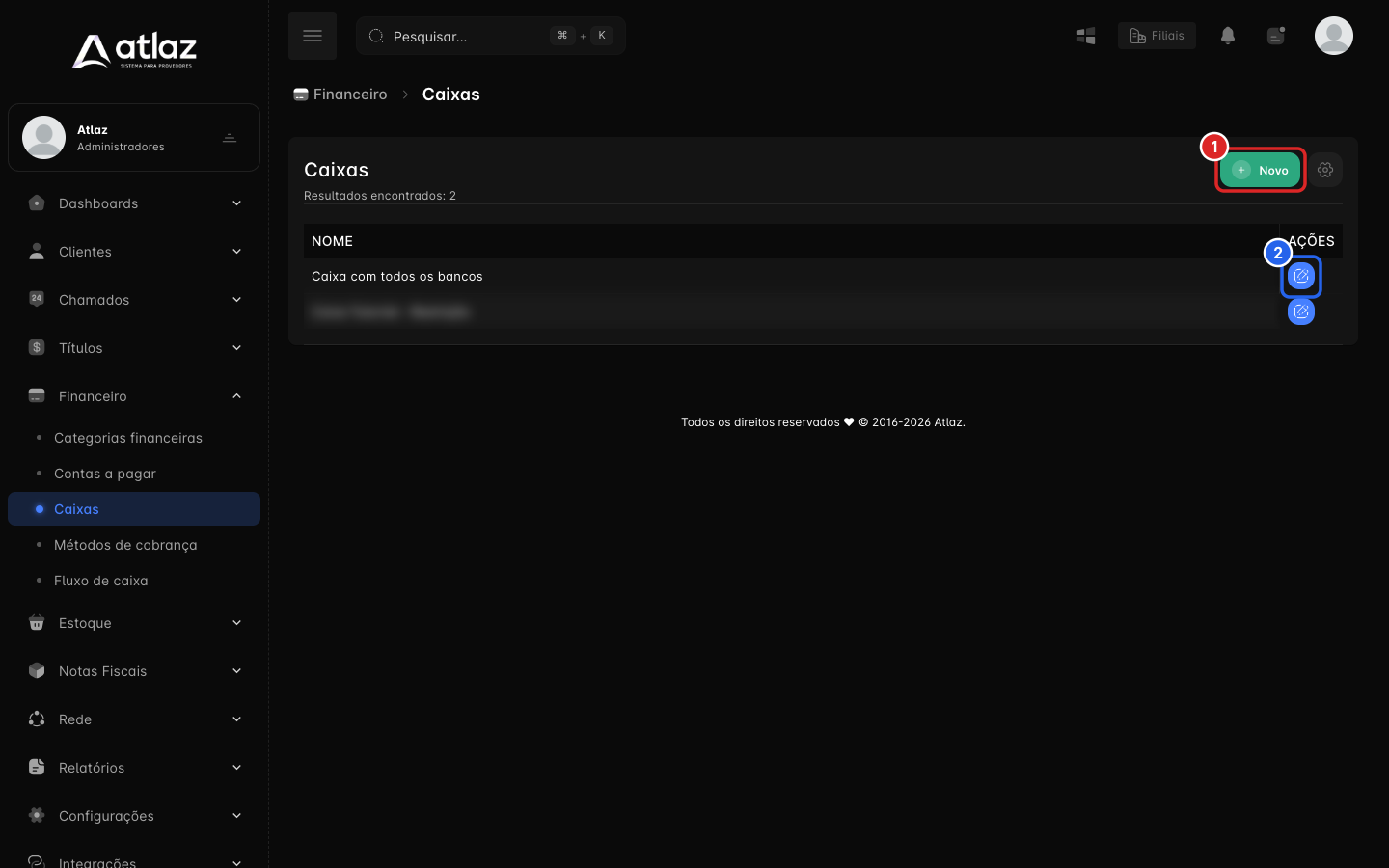 Listagem de caixas com o botão Novo e o botão de configurar de cada linha
