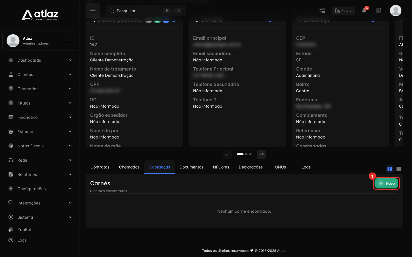Aba Cobranças da ficha do assinante, com o botão Novo