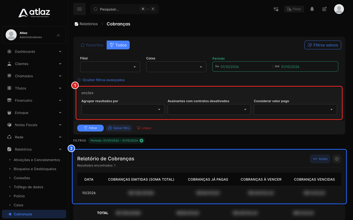 Filtros do relatório: opções avançadas e resultado por período
