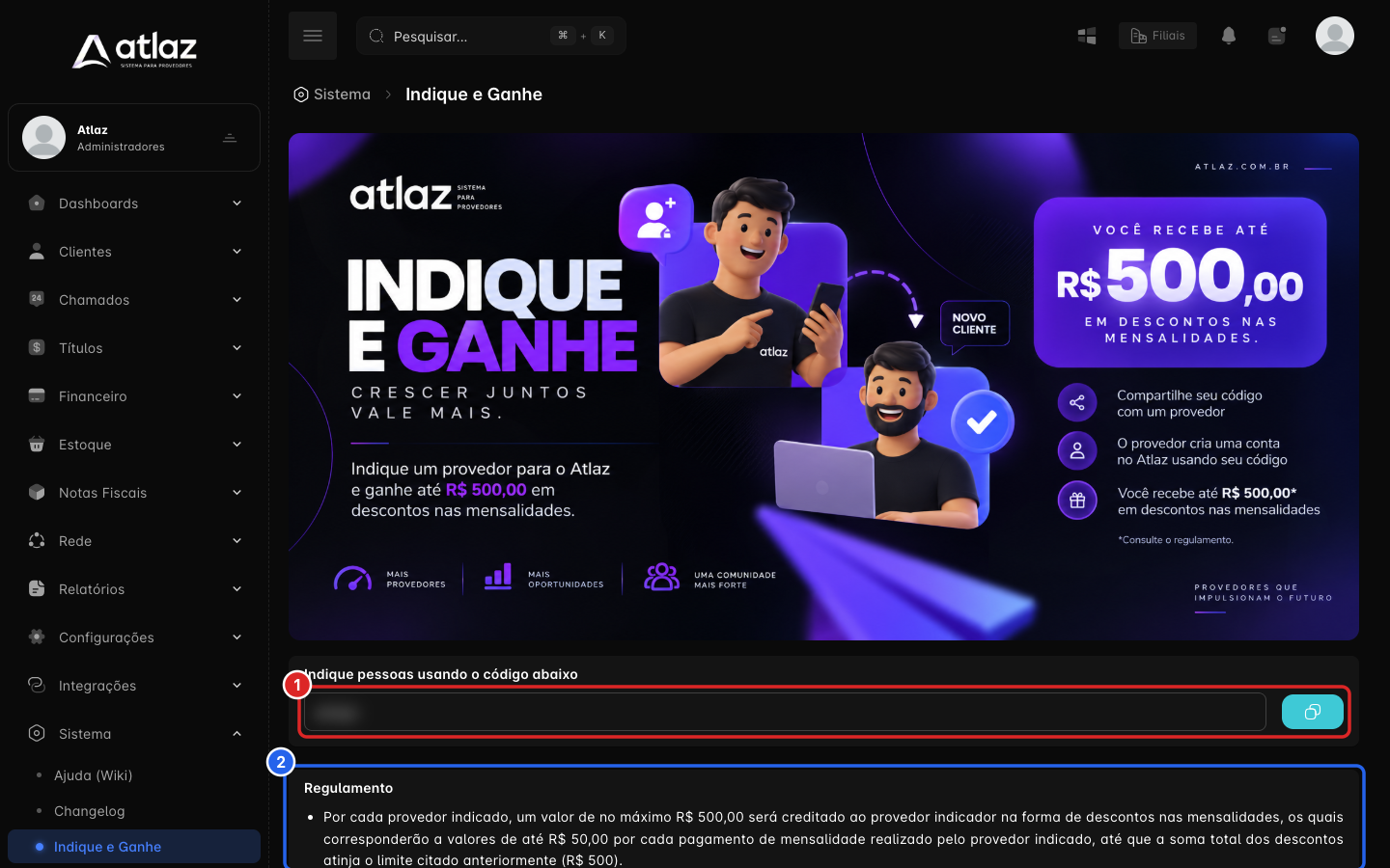 Página Indique e Ganhe, com o código da empresa e o botão de copiar, e o regulamento
