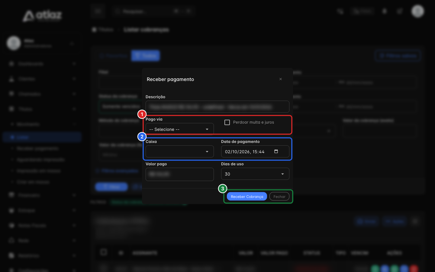 Janela Receber pagamento, com Pago via, Caixa, Data de pagamento e os botões Receber Cobrança e Fechar