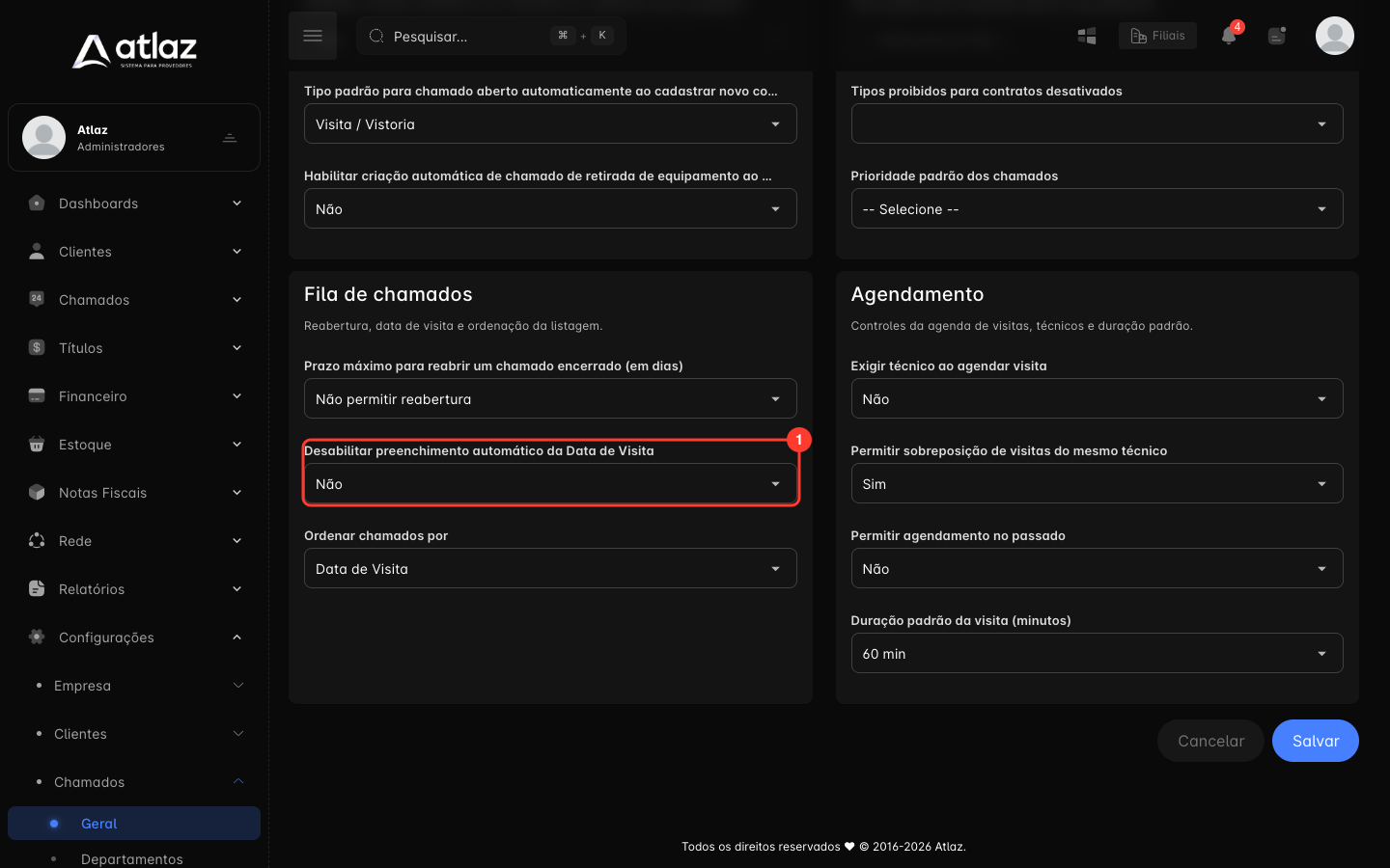 Tela Chamados, Geral, com a configuração Desabilitar preenchimento automático da Data de Visita na seção Fila de chamados