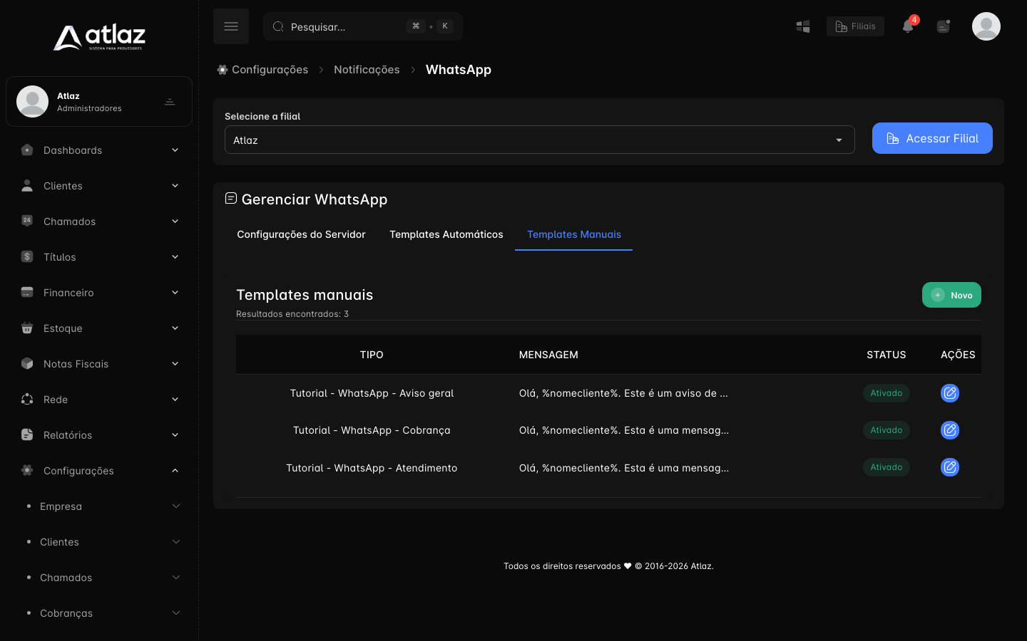 Aba Templates Manuais com os templates ativos