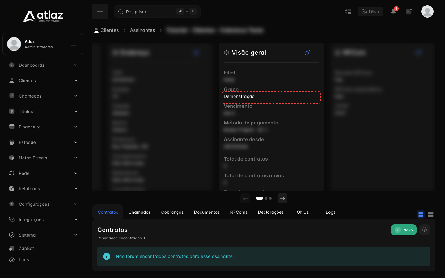 Cartão Visão geral da ficha do assinante, com o Grupo em destaque