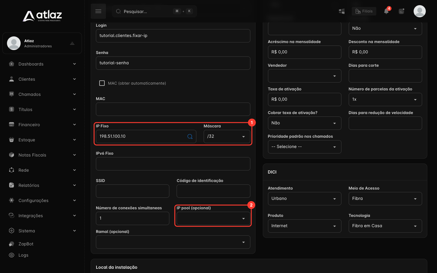Detalhes da Conexão com os campos IP Fixo e Máscara preenchidos e o campo IP pool destacados