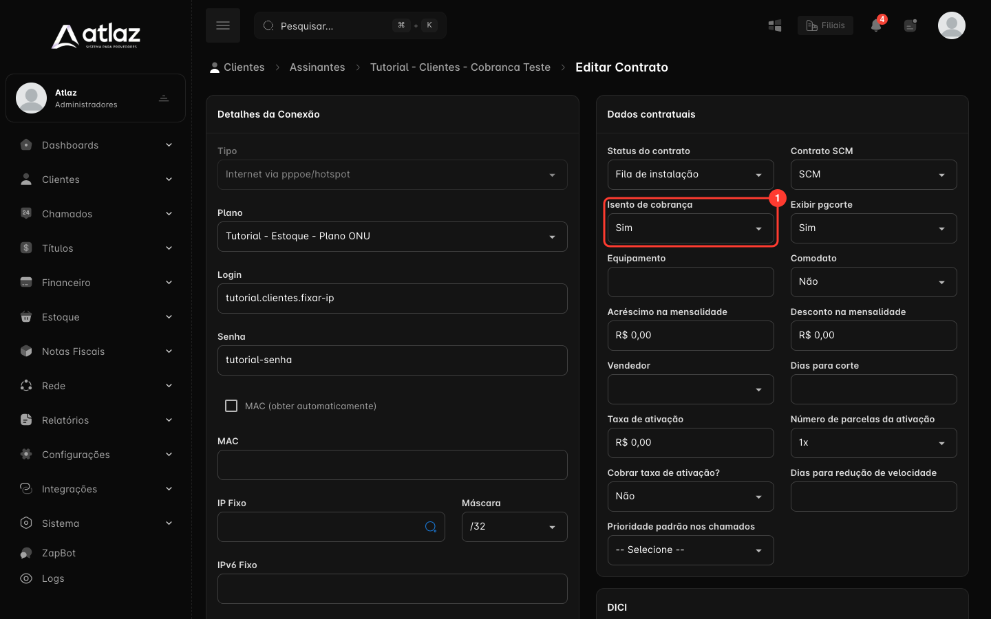 Tela Editar Contrato reaberta, com Isento de cobrança em Sim