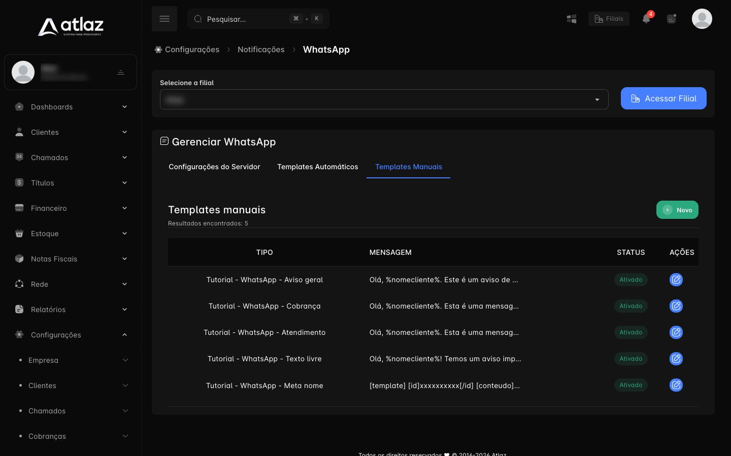 Aba Templates Manuais com a lista de templates, o botão Novo e as colunas Tipo, Mensagem, Status e Ações