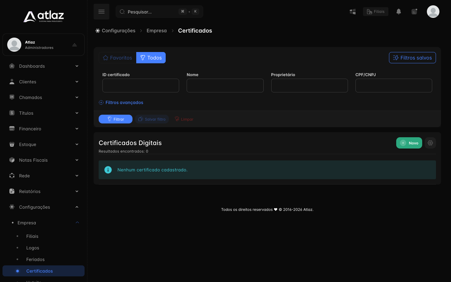 Tela Certificados Digitais com os filtros, a lista e o botão Novo