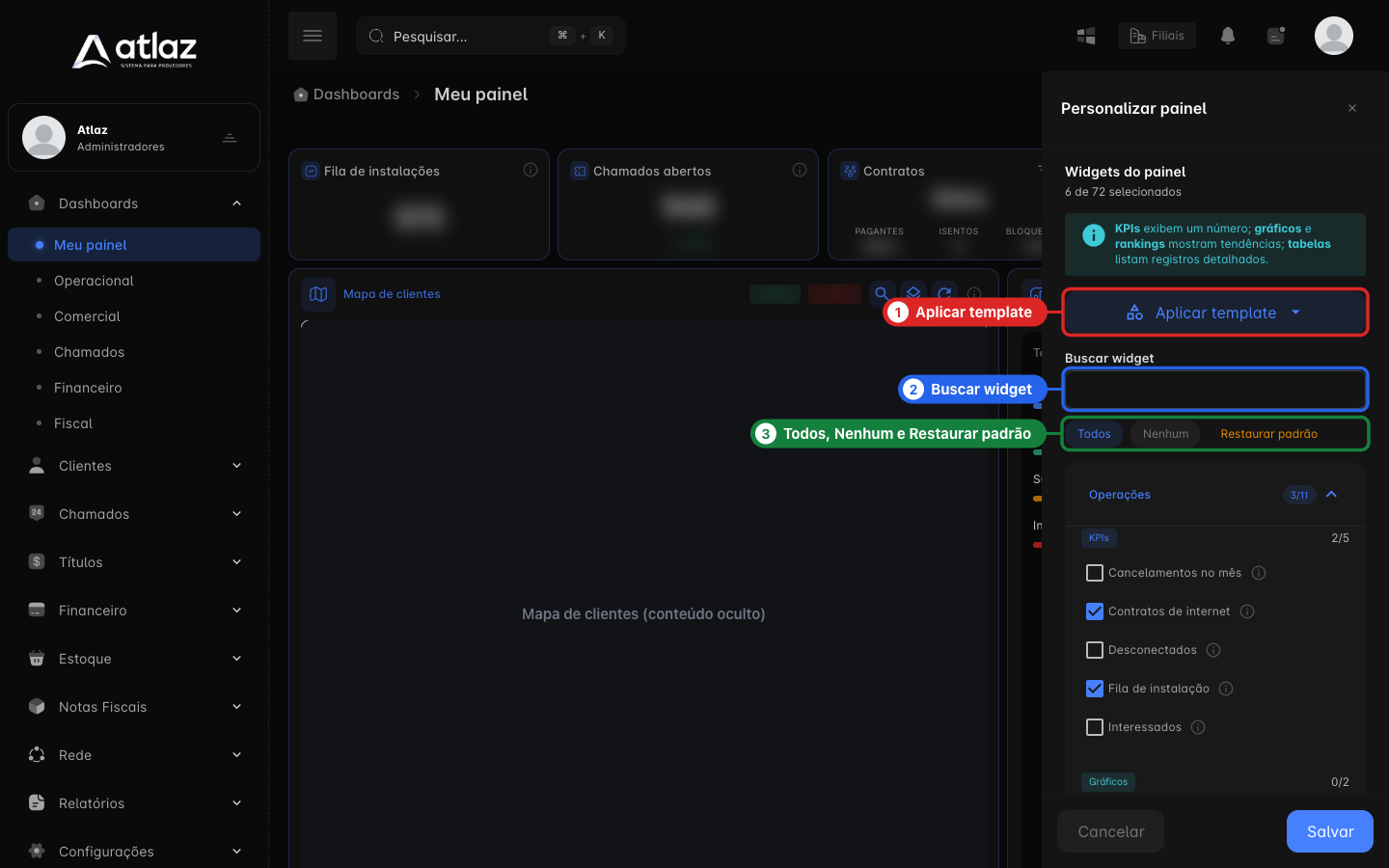 Painel lateral Personalizar painel com Aplicar template, Buscar widget e os botões Todos, Nenhum e Restaurar padrão