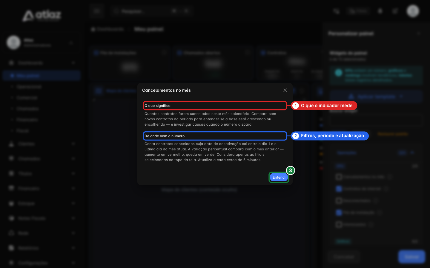 Janela de informação do widget Cancelamentos no mês com as seções O que significa e De onde vem o número