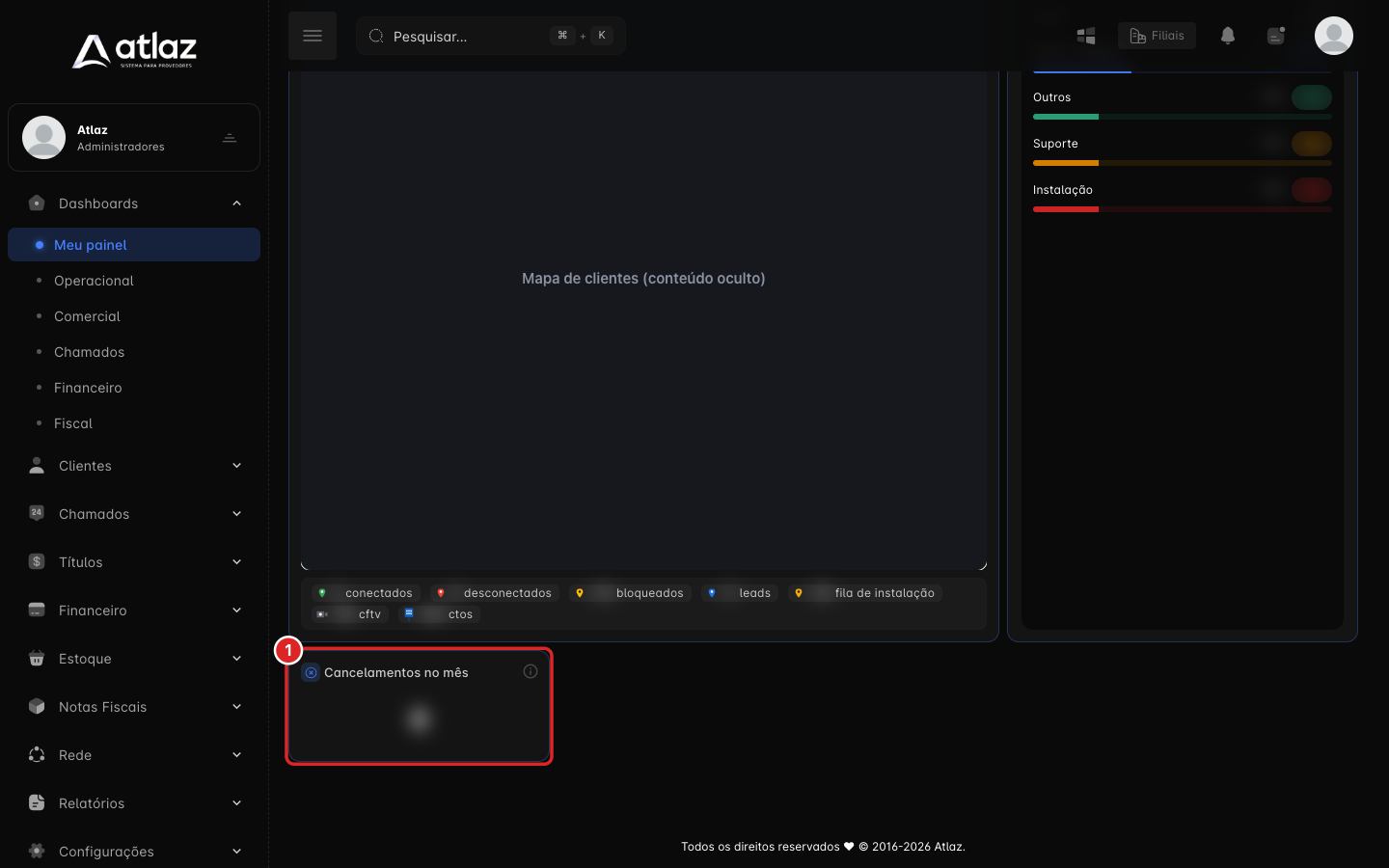 Meu painel com o widget Cancelamentos no mês adicionado no fim do painel