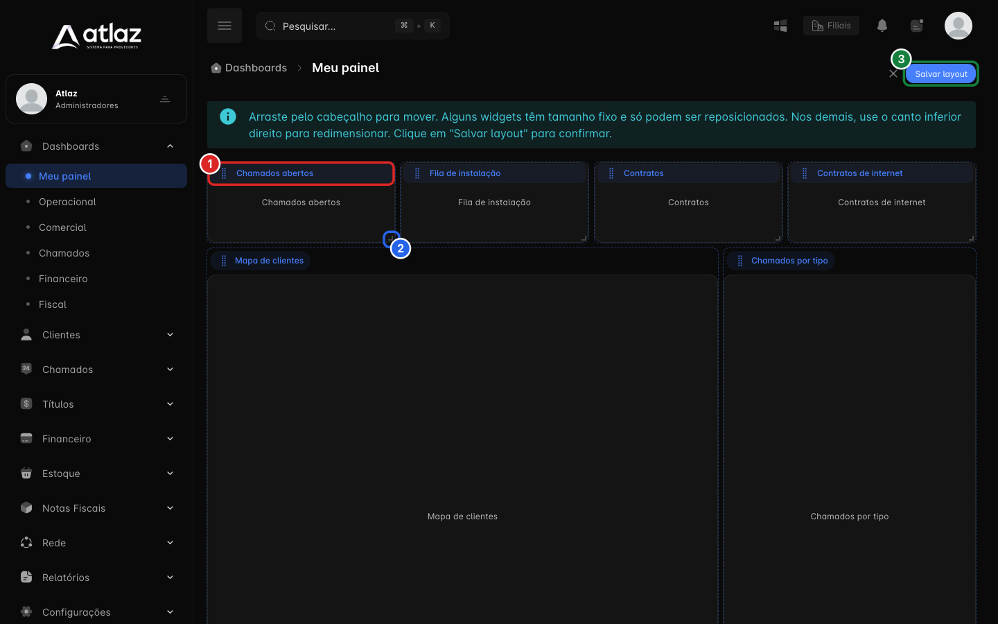 Modo Reorganizar com o cabeçalho de arrastar, o canto de redimensionar e o botão Salvar layout