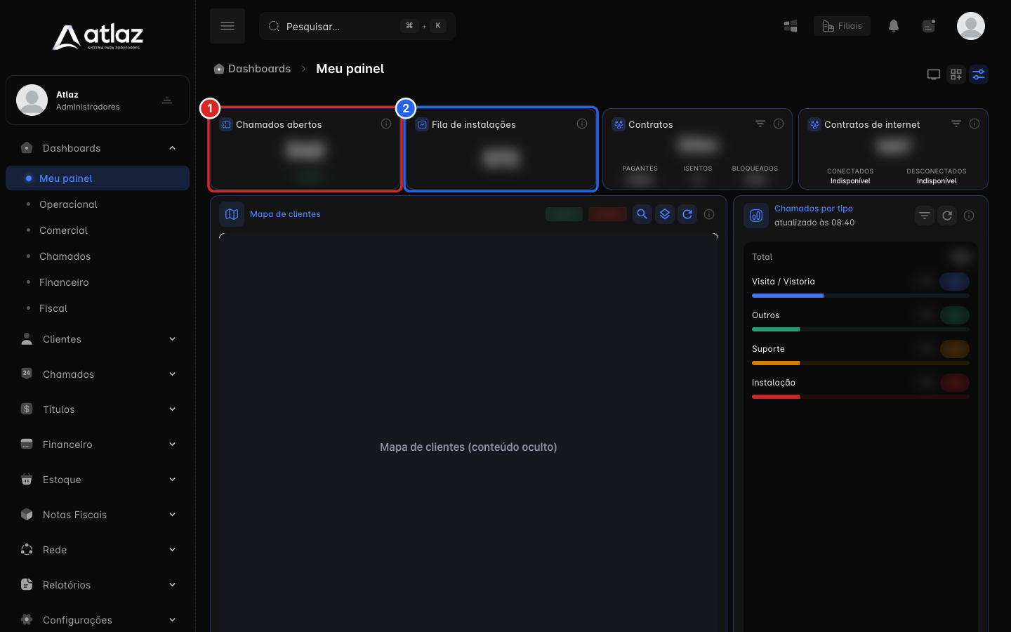 Meu painel com os widgets Chamados abertos e Fila de instalações em nova ordem