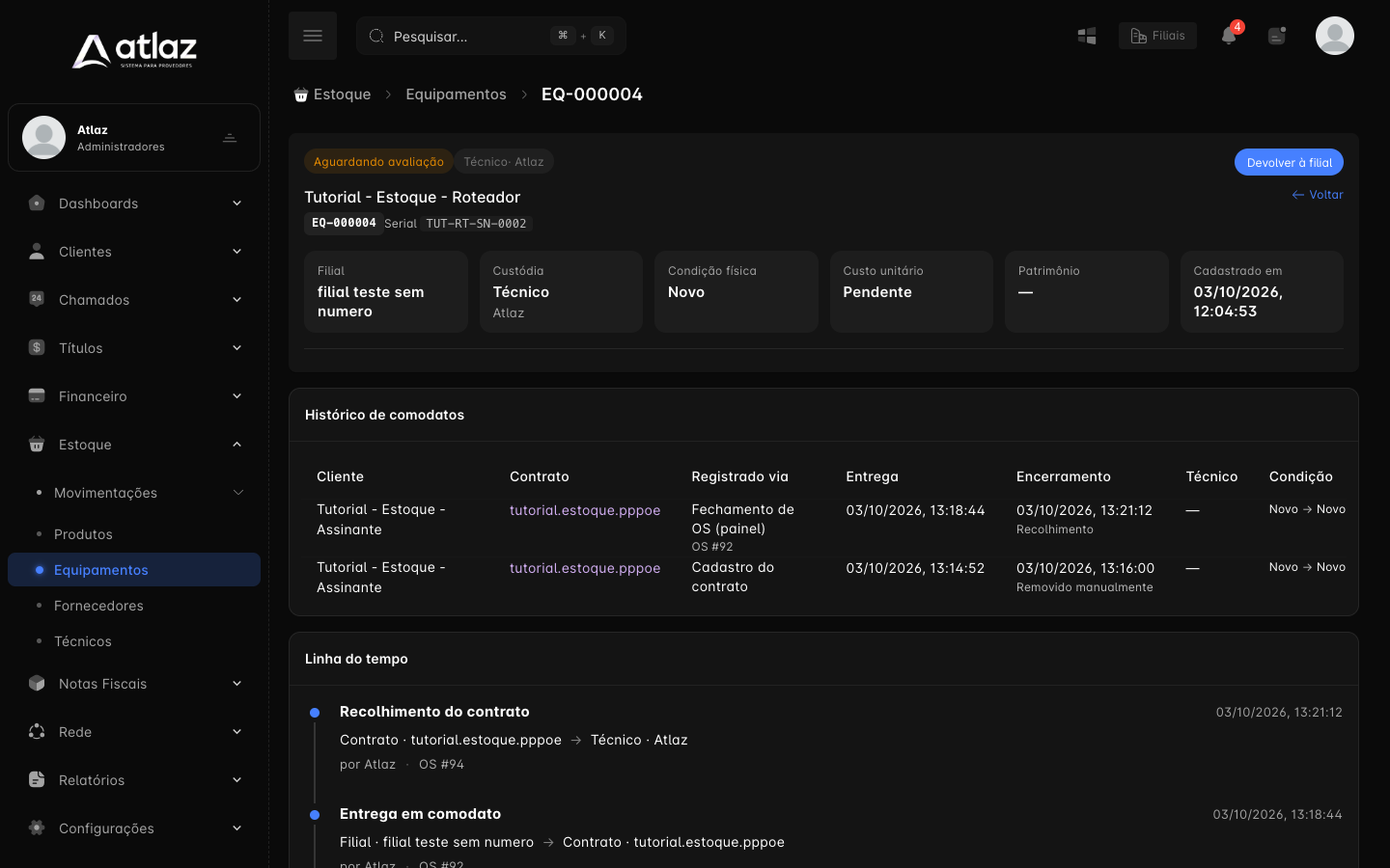 Linha do tempo de um equipamento