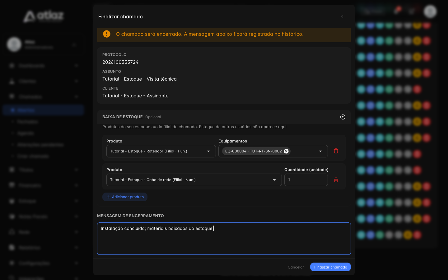 Baixa de estoque com um equipamento e um produto por quantidade