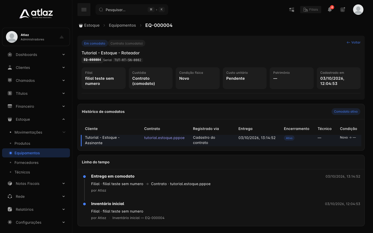 Ficha de um equipamento em comodato