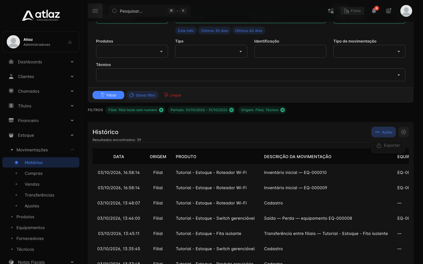 Menu Ações com Exportar