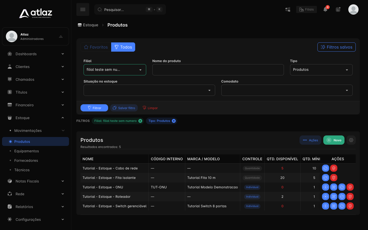 Produto individual na lista, com saldo zero