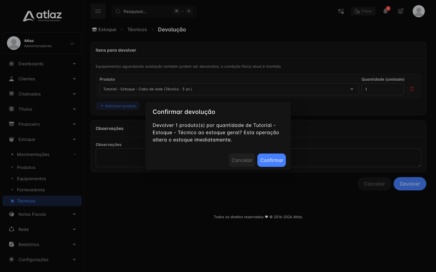Janela Confirmar devolução