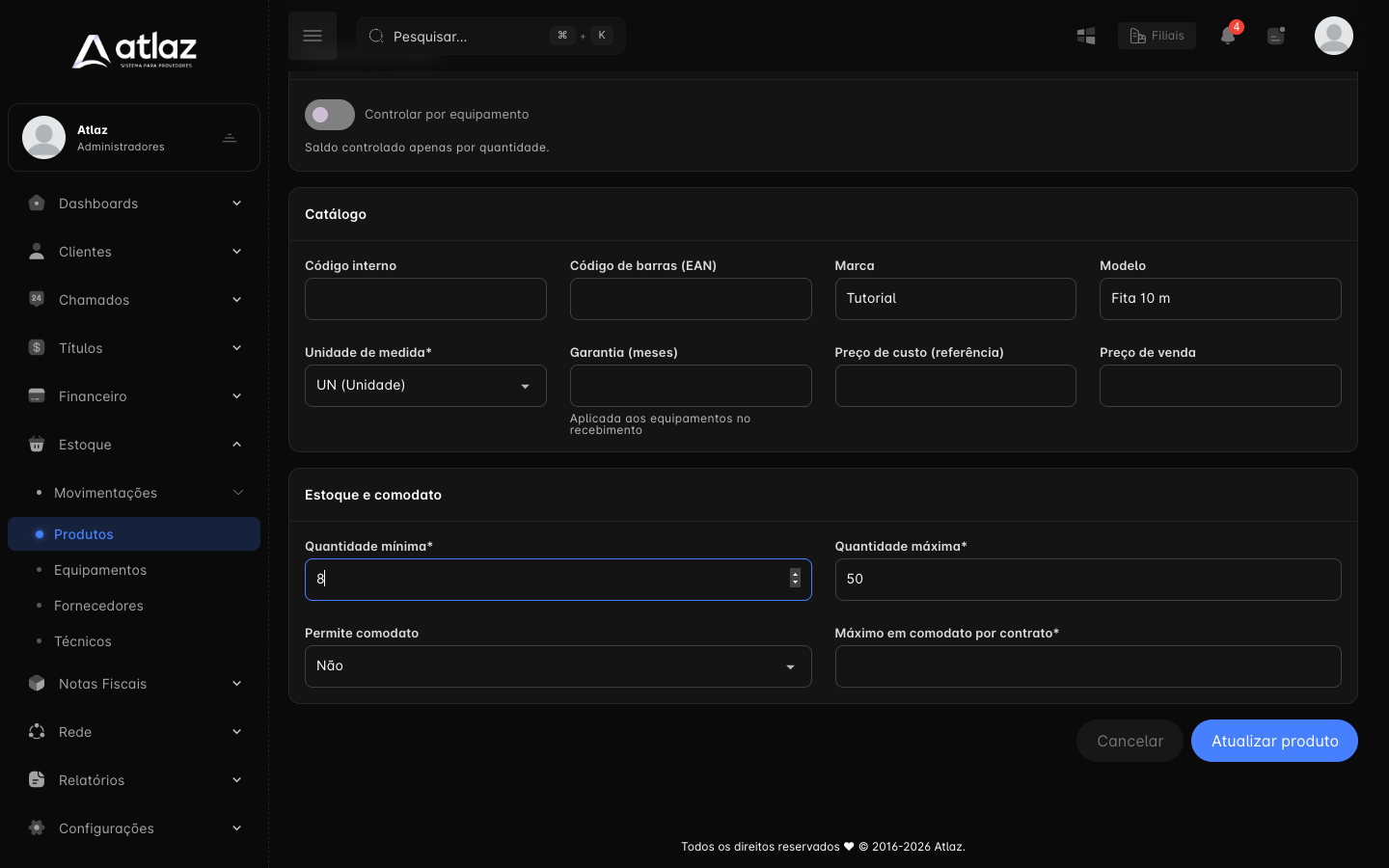 Quantidade mínima alterada antes de salvar