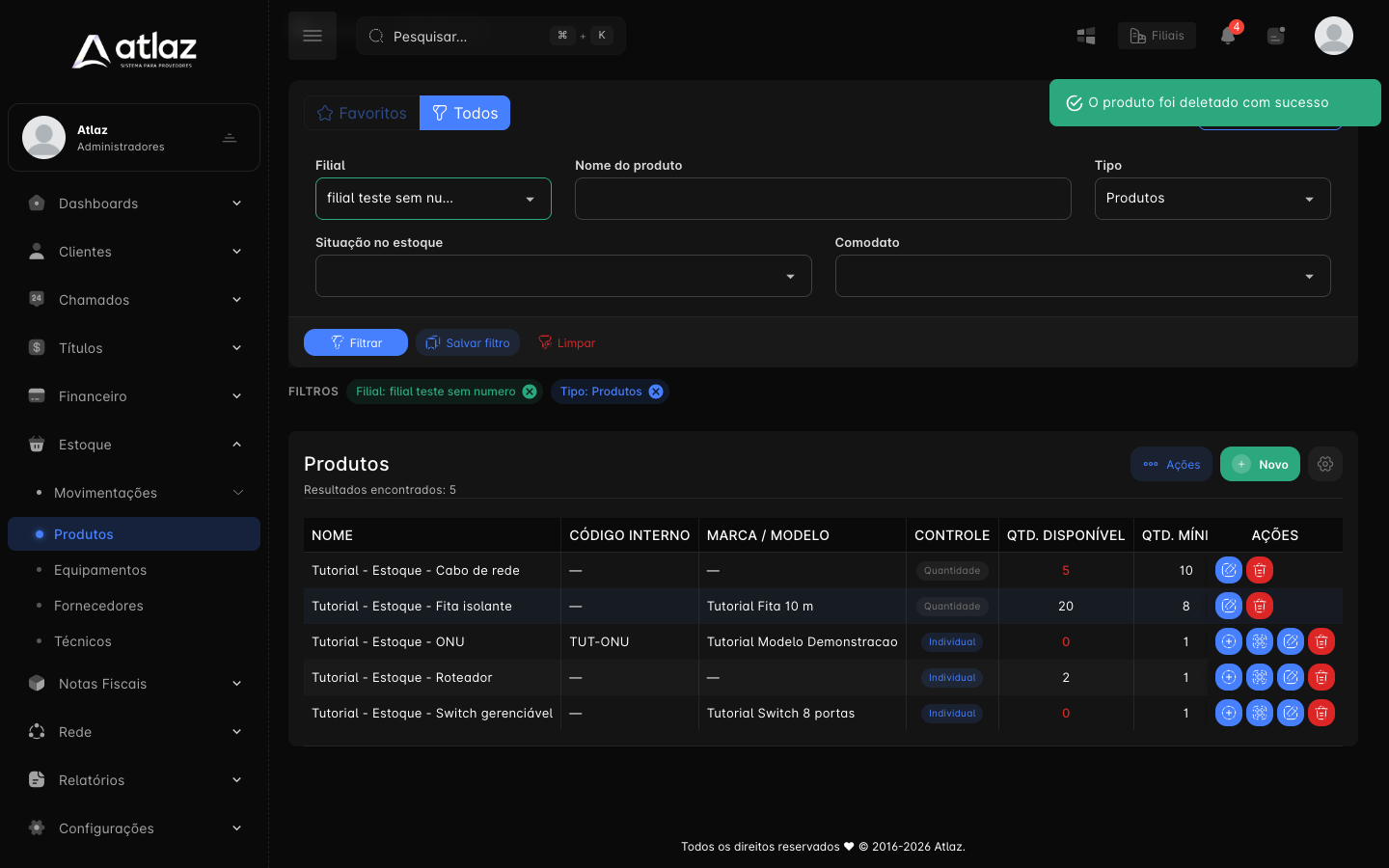 Mensagem de sucesso e lista sem o produto excluído